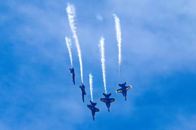 Blue Angels Diamond Formation with Smoke Trails