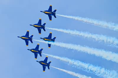 Blue Angels Formation Flight with Smoke Trails