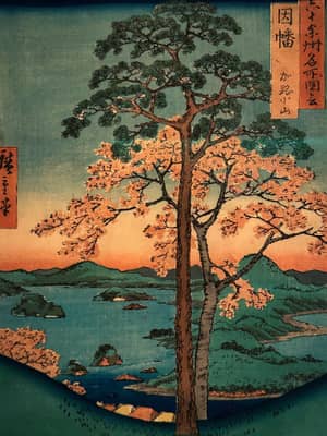 Japanese Ukiyo-e Woodblock Print with Pine and Autumn Trees