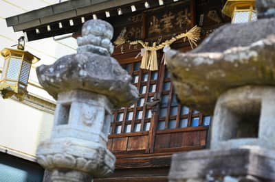 Guardian Komainu at Traditional Shrine Entrance in Takayama