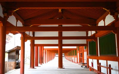 Vermillion Corridor at Traditional Japanese Temple, Nara