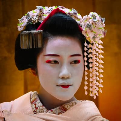 Maiko in Traditional Dress with Floral Kanzashi, Kyoto