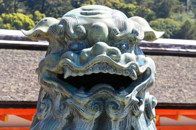 Bronze Komainu Guardian Lion at Japanese Shrine