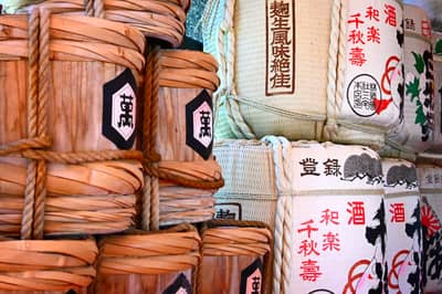 Traditional Sake Barrels in Hiroshima