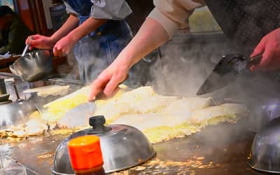 Okonomiyaki Preparation on Teppan Griddle, Hiroshima