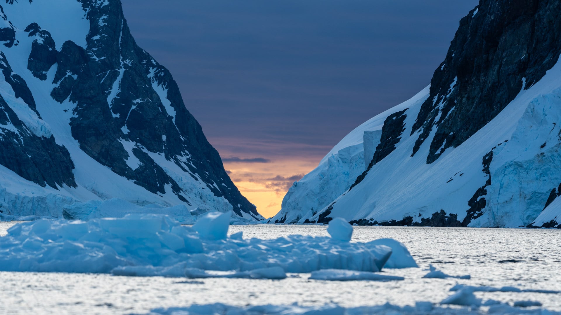 Icebergs in Lemaire Channel at Twilight, Antarctica