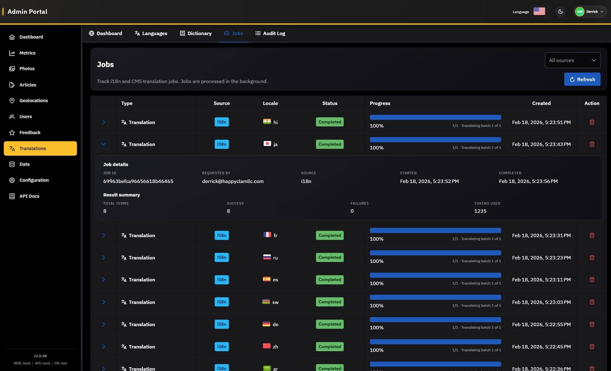 Admin Portal Translation Jobs Dashboard