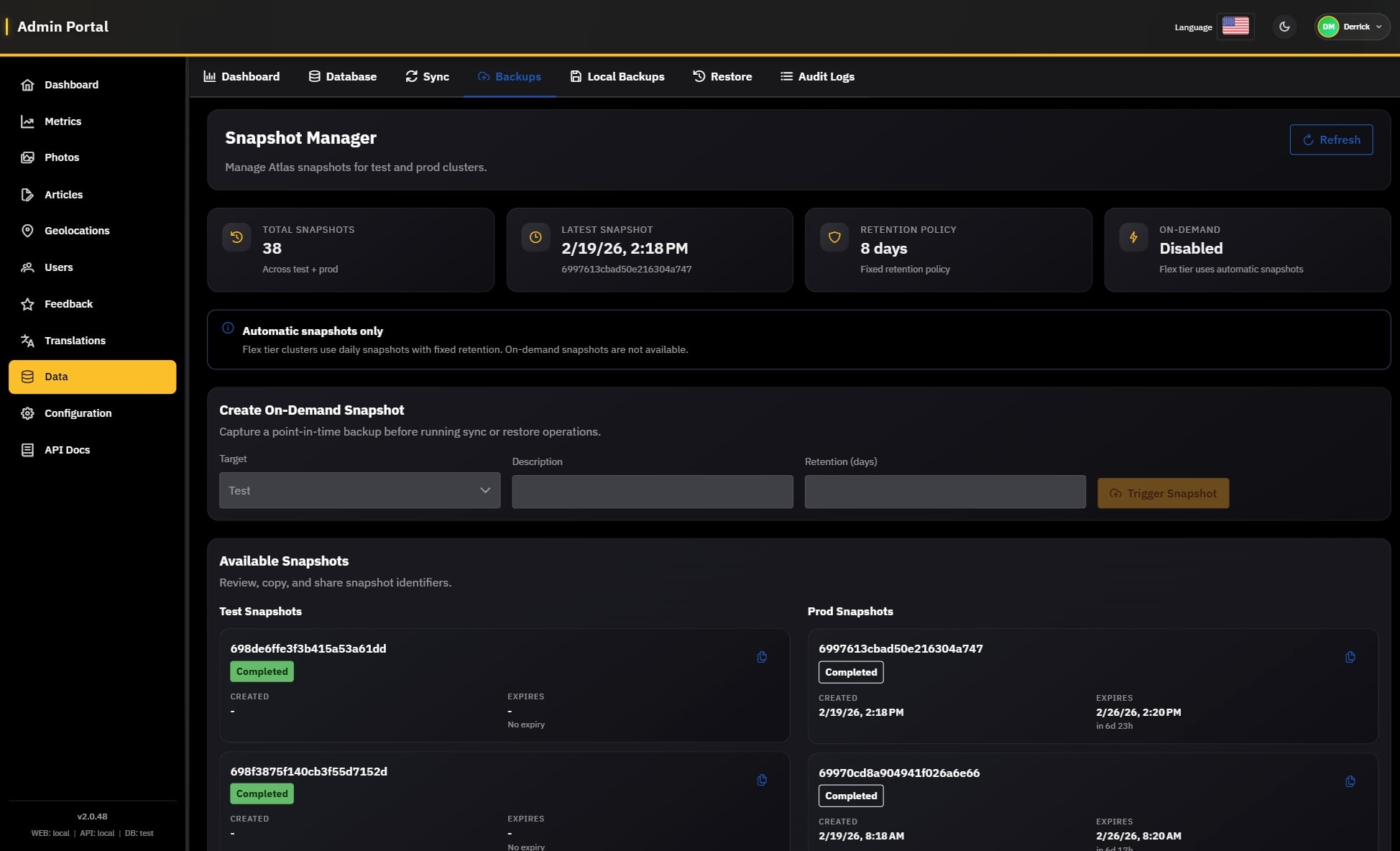 Snapshot Manager Admin Interface