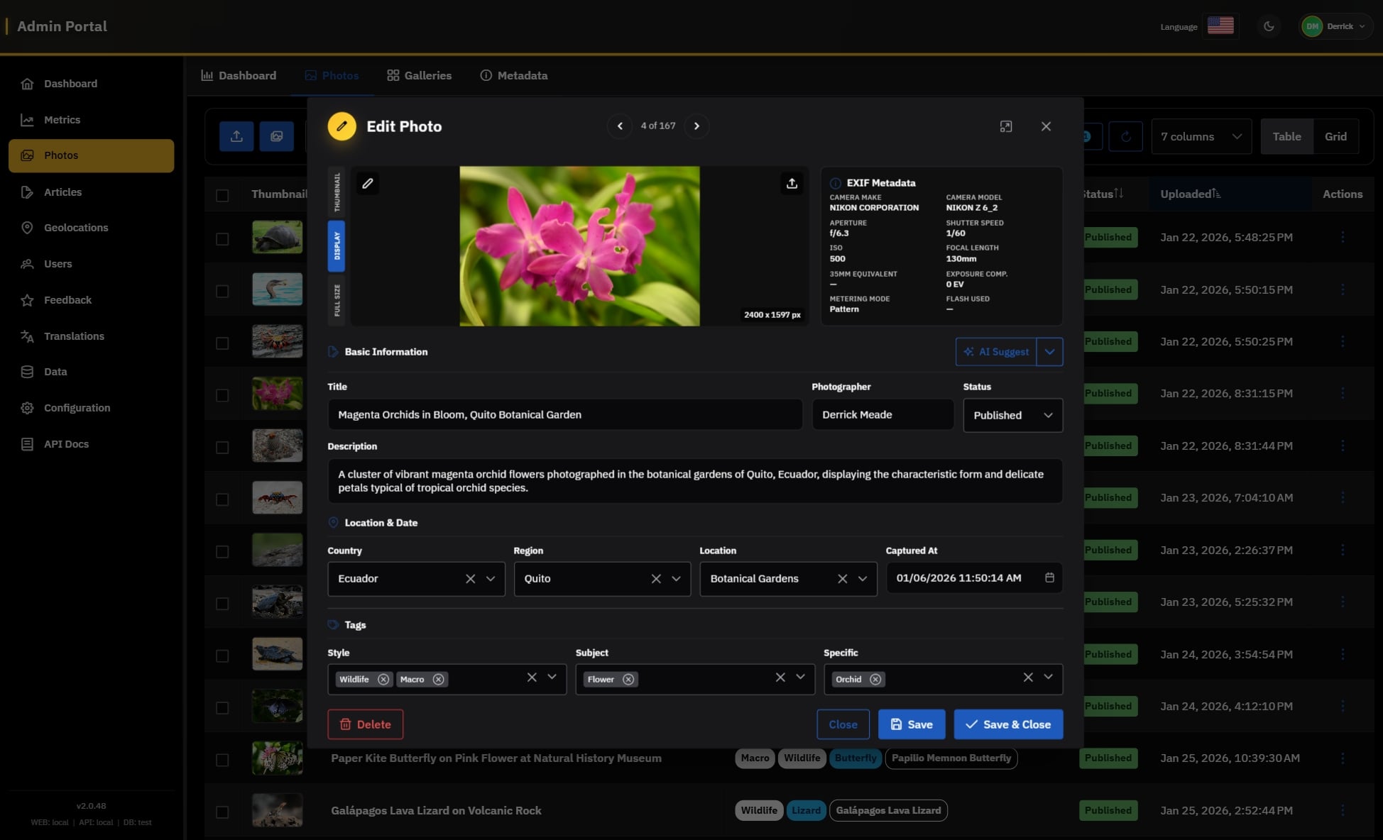 Photography Portfolio CMS Admin Interface - Photo Editing Modal
